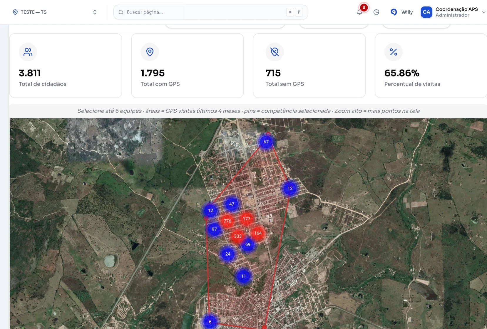 Tela Mapa dos ACS do R-SUS com total de cidadãos, com e sem GPS, percentual de visitas e mapa de satélite com a área da equipe e as visitas domiciliares agrupadas